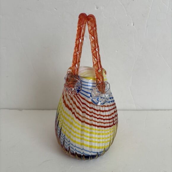 Natalie Handbag Block Crystal Purse Vase Hand Cut Mouth Blown Striped Glass 8" - Picture 3 of 9